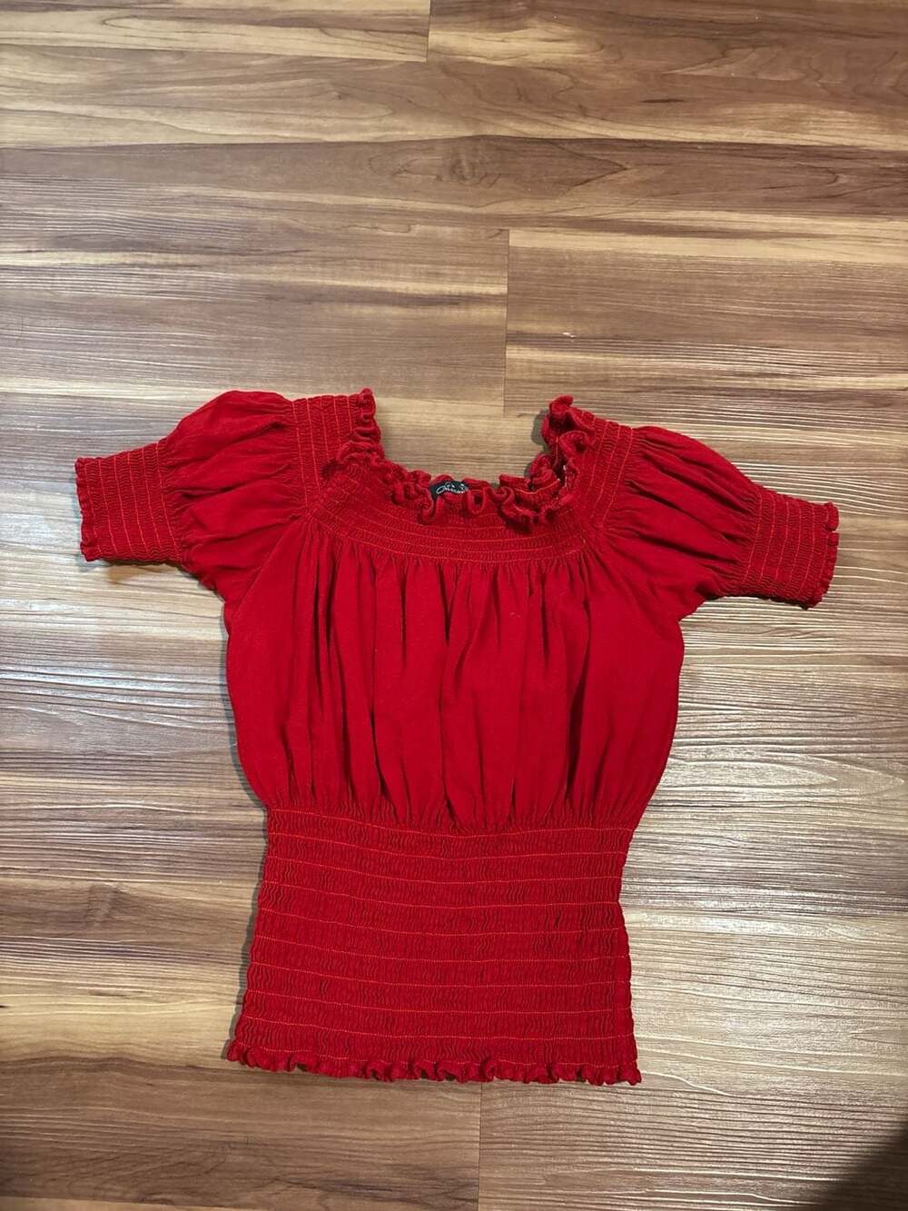 Giocam Red Smocked Milkmaid Crop Top with Puff Sleeves small